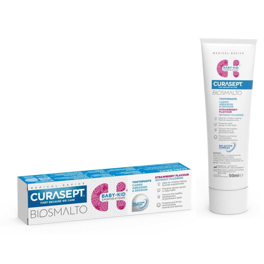 Зубная паста детская Curasept Biosmalto Baby-Kid, клубника, без фтора, 50 мл (0,5–6 лет)