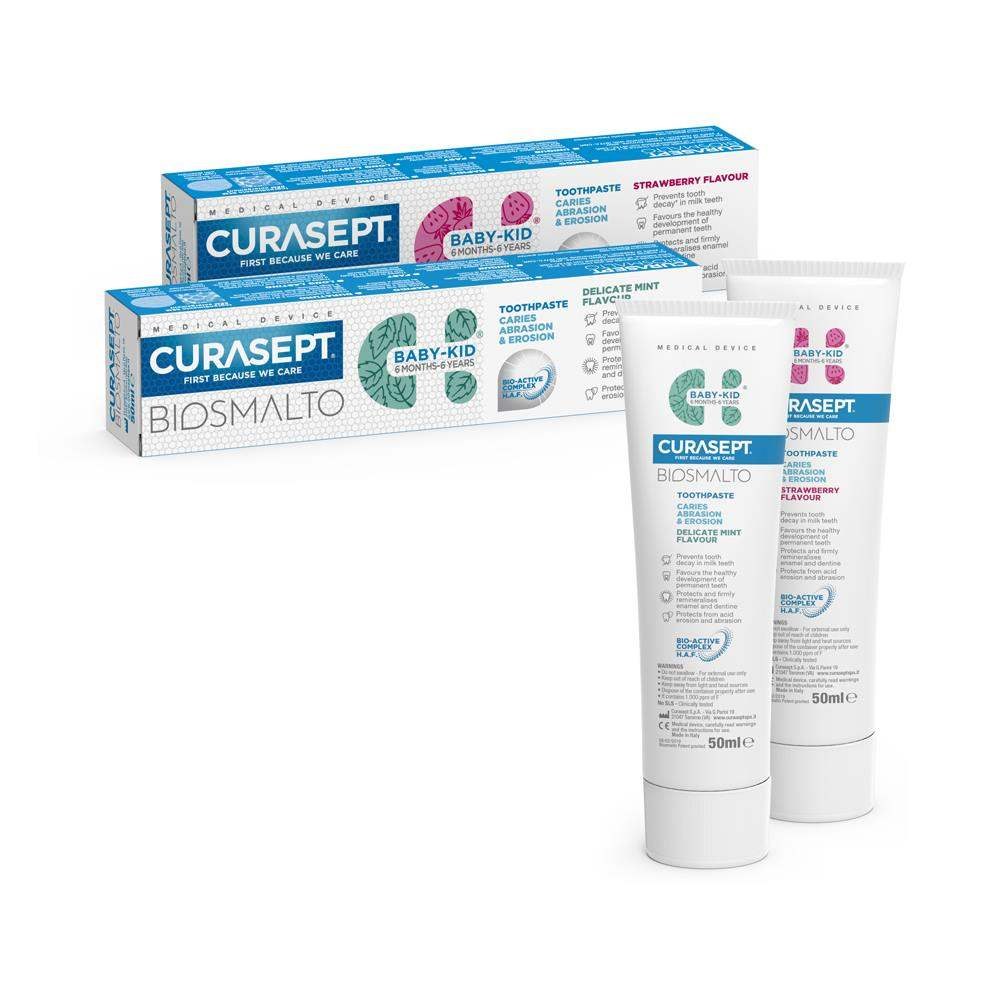 Зубная паста детская Curasept Biosmalto Baby-Kid, клубника, с фтором, 50 мл (0,5–6 лет)